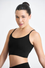 Top Noma Soft Nanquim: top preto de alças finas para yoga e atividades físicas.