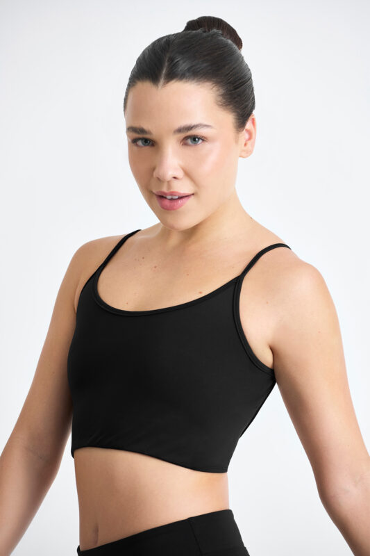 Top Noma Soft Nanquim: top preto de alças finas para yoga e atividades físicas.