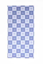 Toalha Yamoné: toalha com design xadrez azul e branco, com estampa de olhos.